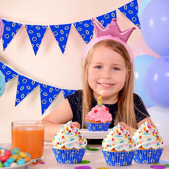Vesici 300 Counts Video Game Cupcake Liners Blue and Gold Rings Paper Cupcake Wrappers Holders Cartoon Disposable Baking Cup Bulk for Birthday Baby Shower Baking Party Supplies