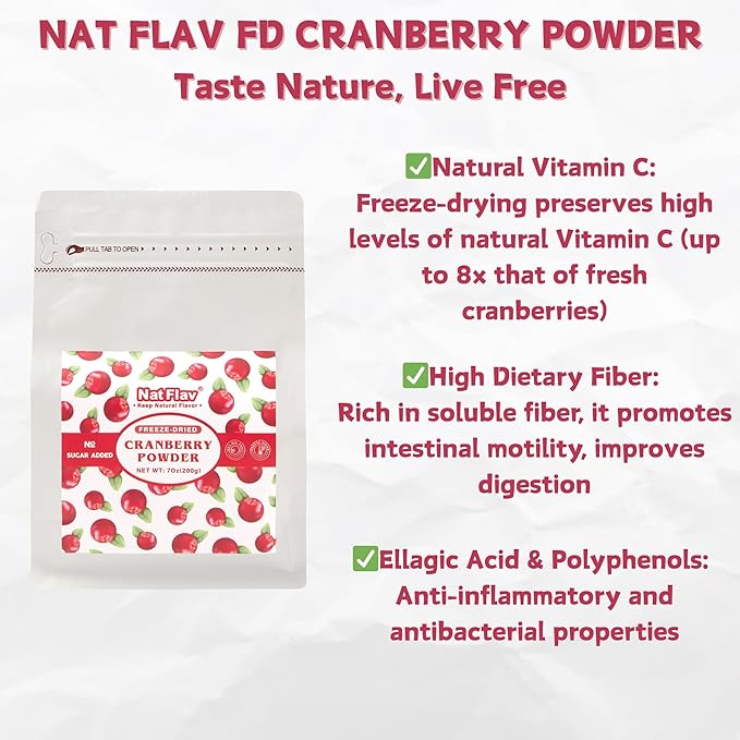 NAT FLAV Freeze Dried Cranberry Powder – 100% Natural, No Added Sugar, No Additives | 7oz | Vibrant Superfood for Smoothies, Baking & Natural Coloring