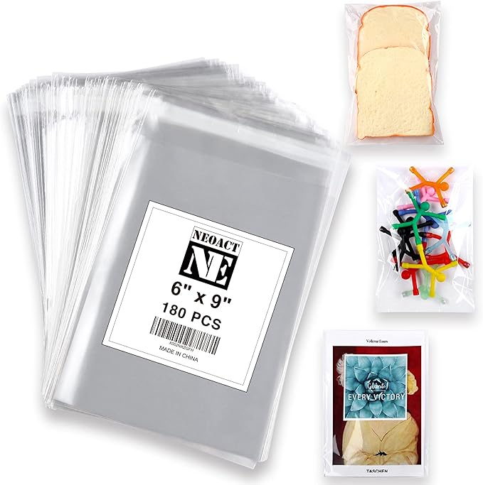 Clear Adhesive Cellophane Bags-180 PCS 6"x9" Self Sealing Bags Good for Bakery, Candle, Soap, Cookie etc.