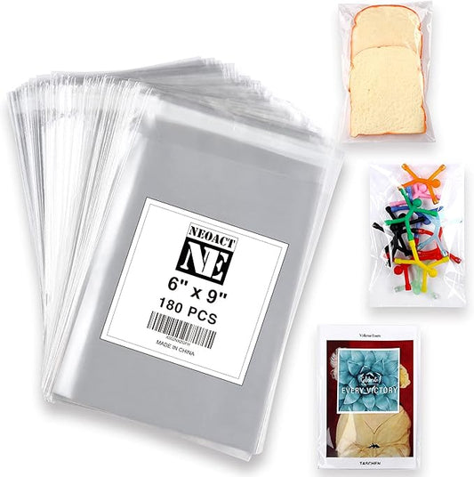 Clear Adhesive Cellophane Bags-180 PCS 6"x9" Self Sealing Bags Good for Bakery, Candle, Soap, Cookie etc.