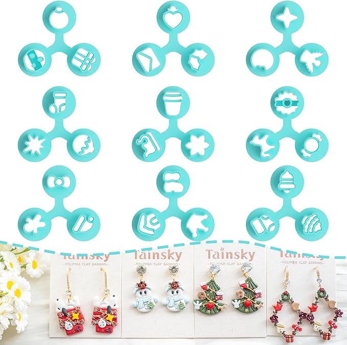 Tainsky 9 Shapes Mirco Christmas Polymer Clay Cutters, Winter Clay Cutters for Earrings Making Clay Jewelry