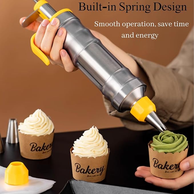 Dessert Decorating Syringe Set of 2, Frosting Piping Kit Stainless Steels Cake Decorating Kit with 12 Piping Tips Cupcake Decorating Kit Pink and Yellow