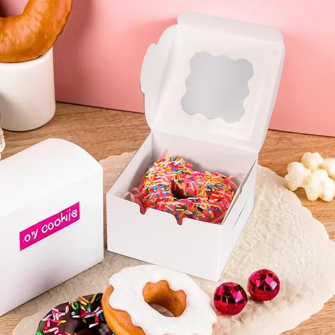 30pcs 4''x4''x2.5'' Small Bakery Boxes, White Gift Container with Window for Dessert, Strawberries, Cookie, Pastry, Small Treats