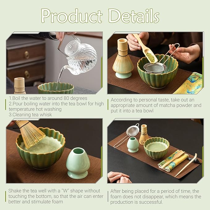 8PCS Matcha Whisk Set - Matcha Set Ceramic Whisk and Bowl, Japanese Buucup Matcha Set, Sifter, Scoop, Holder & Tea Towel for Traditional Matcha Ceremony (Green)