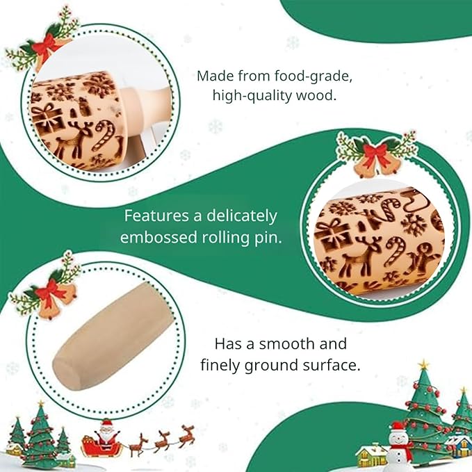 Christmas Rolling Pin 2 Pack, Snowflake Embossed Wooden Rolling Pin for Baking, Non-Stick Patterned Dough Roller for Christmas Cookies, Pie Crust, Holiday Baking Tools & Supplies (2 Piece Set)