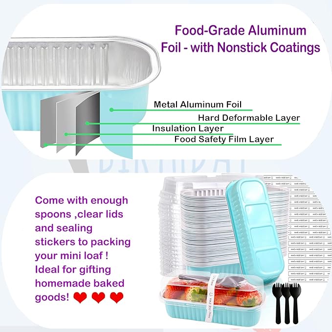 50 Pack Mini Loaf Pans with Lids and Spoons, 6.8 Oz Mini Cake Pans with Lids for Baking, Disposable Rectangle Aluminum Foil Loaf Pan with Stickers，Small Cake Containers Tin（Blue）