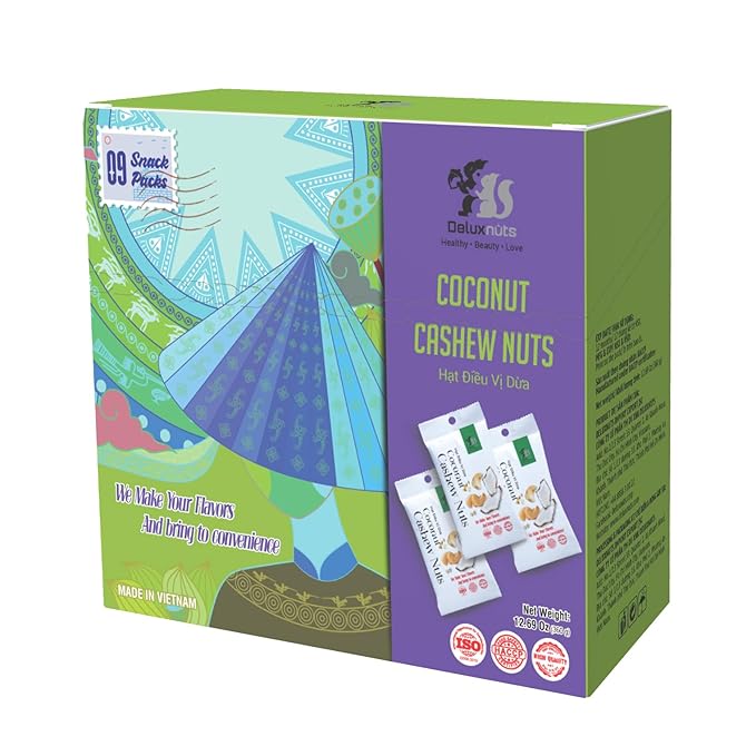 DELUXNUTS Roasted Coconut Cashews (9 Packs), Whole Cashew Nuts, Individual Packs, Healthy Snack for Kids & Adults, Good Source of Protein, Gluten-Free