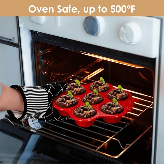 Youeon 2 Pack Red Ceramic Muffin Pans, 7 Cup Nonstick Cupcake Baking Pans with Floral Handles, Oven & Dishwasher Safe Muffin Tins for Muffins, Cupcakes, Mini Cheesecakes, Holiday Baking Gift