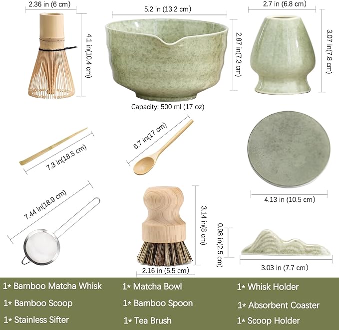 Japanese Matcha Set, Matcha Bowl with Spout and Coaster, Matcha Whisk and Holder, Sifter, Scoop, Spoon, Cleaning Brush,10 Pcs Complete Ceramic Matcha Kit