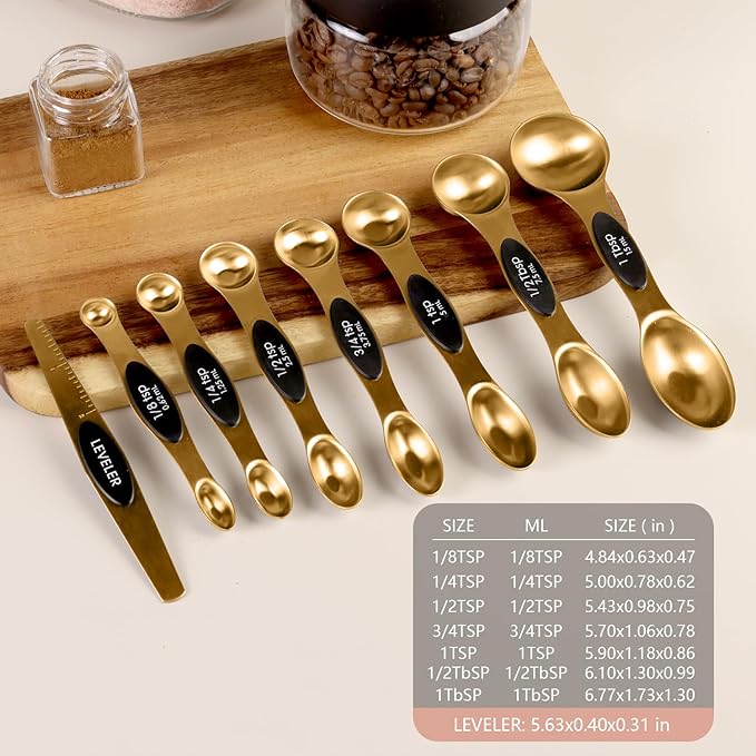 Pack of 8 Stainless Steel Magnetic Measuring Spoons Set, Dual Sided, Stackable, Adjustable Teaspoon and Tablespoon Measure Spoon with Leveler, Kitchen Gadgets