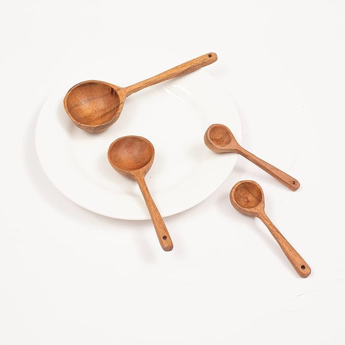 4 Piece Wooden Flatware Set - Handcrafted Wooden Measuring Spoons for Kitchen Utensils, Baking, Cooking, Spice Measuring - Durable Rustic Tools for Home, Chef, Restaurant (Brown) - ALPHA Living HOME
