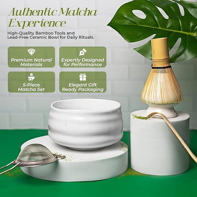 Matcha Whisk Set (5pcs) - Japanese Tea Set includes Matcha Bowl (19 oz) - Bamboo Whisk and Matcha Scoop - Whisk Holder - Stainless Steel Sifter - Tea Making Tools, Matcha Kit