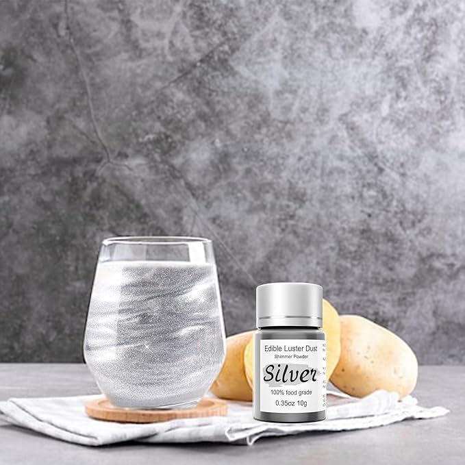 Silver Luster Dust Edible Glitter for Cakes Cocktails – 10g Colaele Edible Shimmering Dust for Chocolates, Metallic Food Coloring Powder for Cake Decorating Edible Glitter for Drinks, No Gluten,Vegan