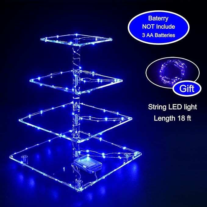 Cupcake Stand, 4-Tier Square Cupcake Holder with LED light String, Acrylic Cupcake Tower Display-Dessert Tower-Pastry Stand-Cupcake Tier Stand for Wedding, Birthday party ( Blue Light)