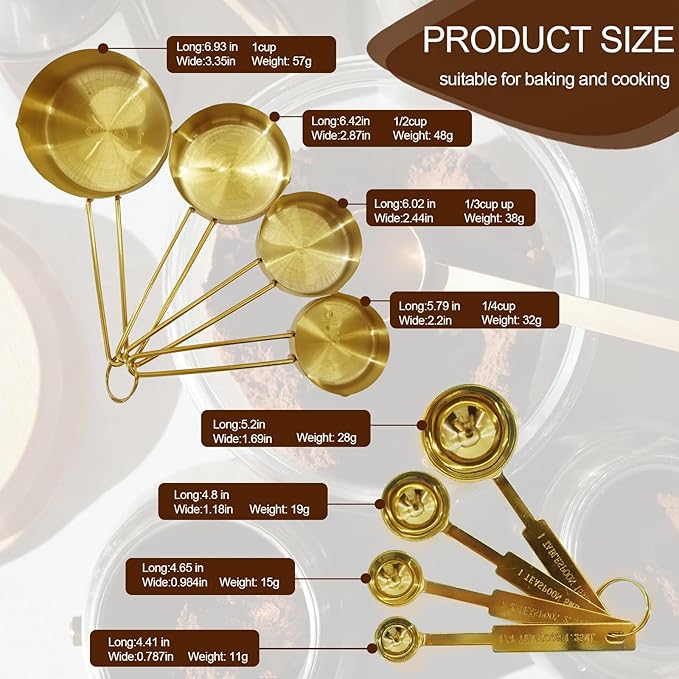 Gold 304 Stainless Steel Measuring Cup and Spoon Set, Stackable, 8-Piece, Long Handle for Narrow Bottles, Premium Gold Kitchen Utensils for and Cooking