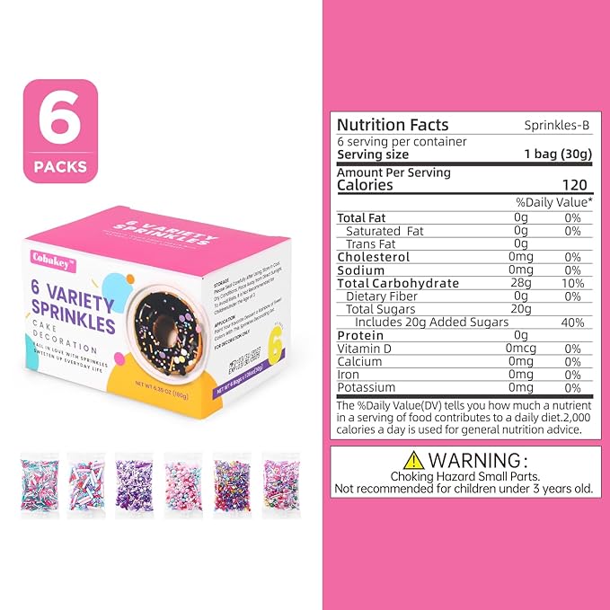 Sprinkles For Cake Decorating, Cupcake, Cookies, Ice Cream Topper, 6 Packs Purple Sprinkles, Pink of Assorted Sprinkles for Cake Baking, Perfect For Birthdays, Wedding