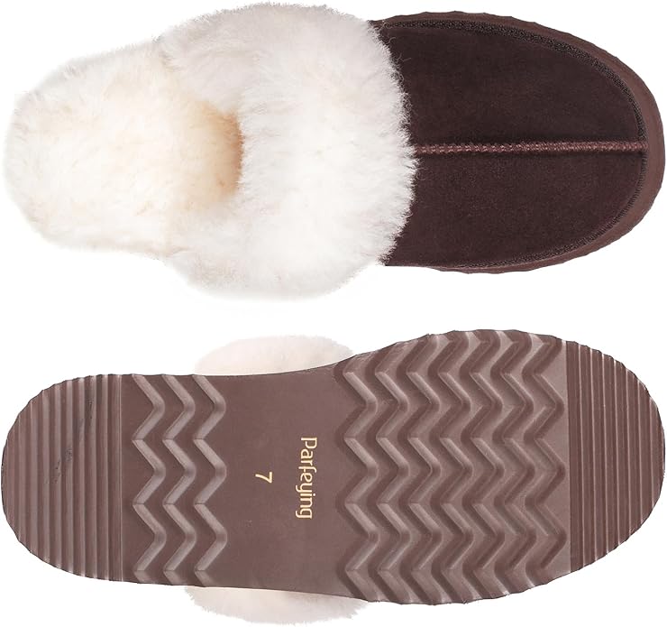 Parfeying Women's Sheepskin House Slippers Indoor Outdoor Shearling Shoes for Women