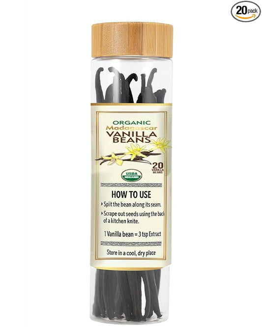 20 Premium Organic Madagascar Vanilla Beans – Whole Grade A Pods for Extract, Baking, Cooking, Ice Cream – Non-GMO, Fresh, Long, and Fragrant Vanilla from Madagascar (1)