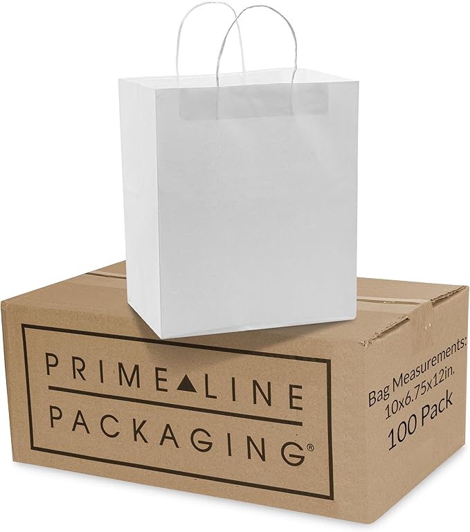 Prime Line Packaging White Paper Bags, Kraft Gift Bags with Handles for Small Business, Shopping, Take-out Goodie, Bistro, Boutique, Bulk, 10x6.75x12, 100 Pack