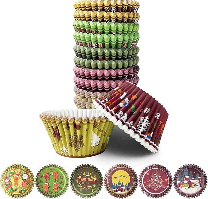 qiqee Christmas Cupcake Liners Muffin Liners for Graduation 300-Count 6 Original Design Christmas Gingerbread Man No Smell, Food Grade Baking Cups Paper(Small Size)