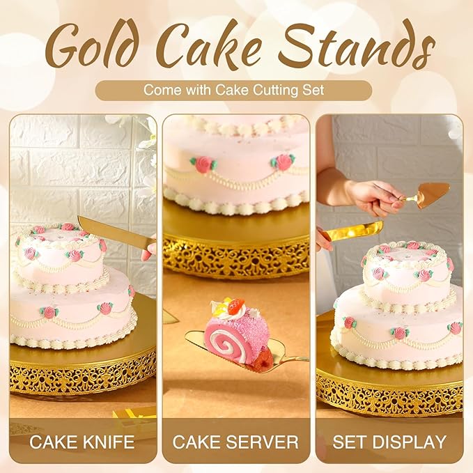 Wenqik 16 Inch Gold Cake Stand Set Metal Round Cupcake Dessert Stand with Cake Cutting, Spatula Cupcake Pastry Display Candy Holder Table Display for Wedding Party Birthday Baby Showers Anniversary