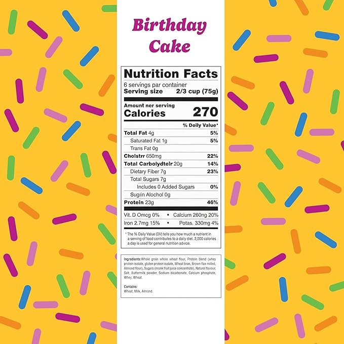 Flourish Protein Pancake & Waffle Mix, with Whey Protein & Flax Seed, No Added Sugar, High in Protein & Fiber - Just Add Water - Birthday Cake Flavour, 430 g (2 Pack) - Made in Canada