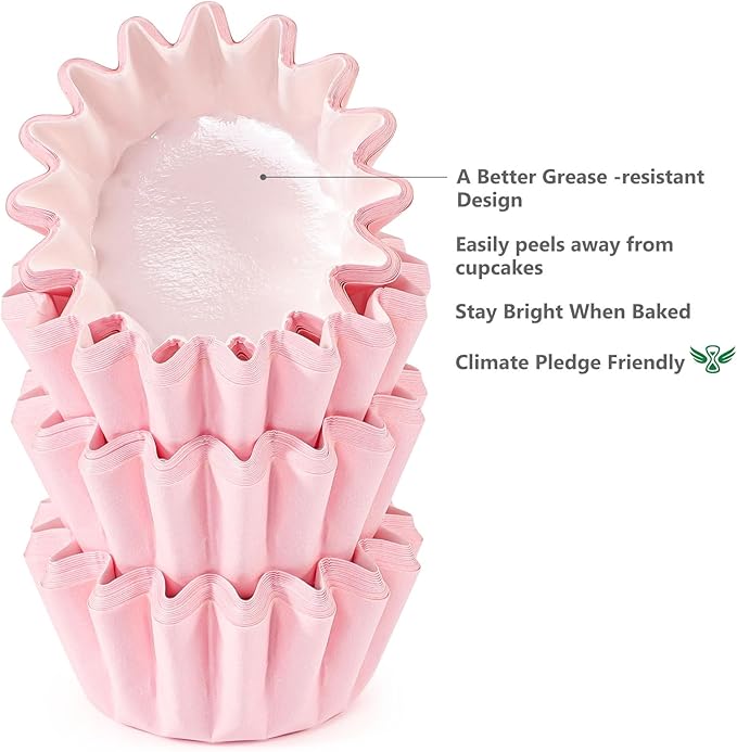 Caperci Grease-Resistant Pink Mini Cupcake Liners 200 Counts - Heavy Duty Paper Muffin Baking Cups, Odorless, No Muffin Pan Needed, Easily Peels (Pink)