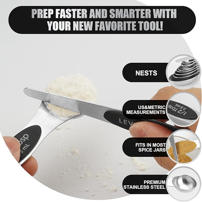 SHIKORI Magnetic Measuring Spoons Set of 8 Stainless Steel Stackable Dual Sided Nesting Teaspoons and Tablespoons for Measuring Dry and Liquid Ingredients-Black