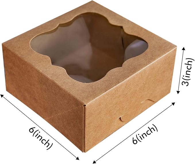 ONE MORE 6"x6"x3"Brown Bakery Boxes with pvc Window for Pie and Cookies Boxes Small Natural Kraft Paper Box 6x6x3inch,Pack of 15