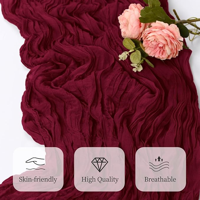 12 Pack Burgundy Cheesecloth Table Runner 17x108 Inch Semi Sheer Boho Gauze Cheese Cloth Fabric Table Runners, for Wedding Party Baby Shower Birthday Home Decor Garden Farmhouse