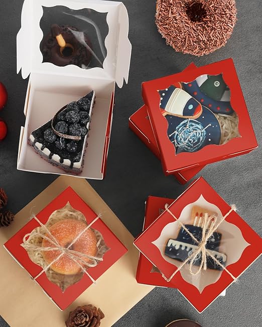 qiqee Red Bakery Box with Window 4x4x2.5 inch 30Packs Macaron Boxes Small Donut Pastry Boxes for Party Mini Cookie Boxes
