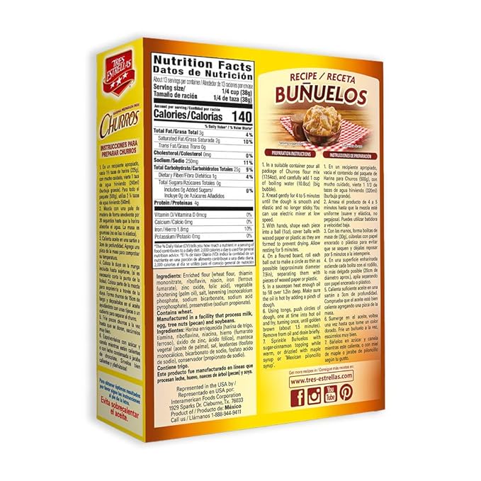 TRES ESTRELLAS, Harina preparada para Churros, Homemade, Churro Mix, Rápida y Fácil de Hacer, 17.6 oz, Pack de 12