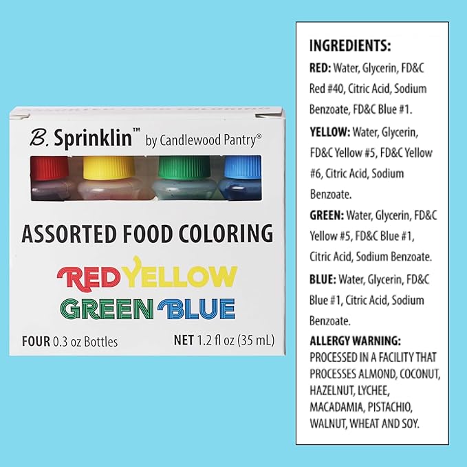 Candlewood Pantry B. Sprinklin Assorted Liquid Food Coloring Kit, 8 Bottles, 0.3 fL Oz/Neon and Regular (4) Colors - Vibrant Food Dye for Slime Crafts, Eggs, Frosting and Cake Decorating