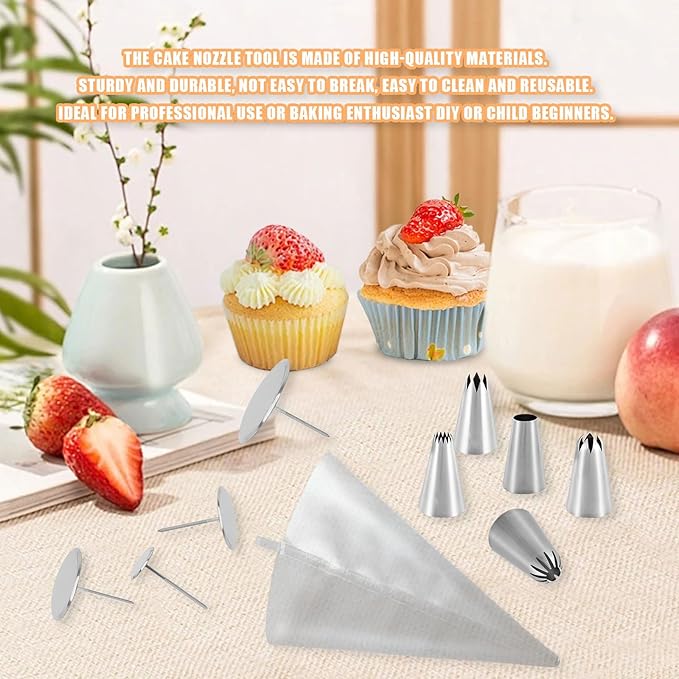 Cake Decorating Tool Kit, 5 Pcs Stainless Steel Piping Tips Set with 1 pc Frosting Bags, 4 Cake Flower Nails for Cake Fondant Cupcake
