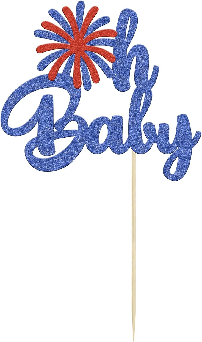 1Pc Happy Independence Day Oh Baby Cake Topper Glitter Firework Happy 4th of July Babyshower Cake Decorations for Independence Day Theme Party Cake Decorations Supplies