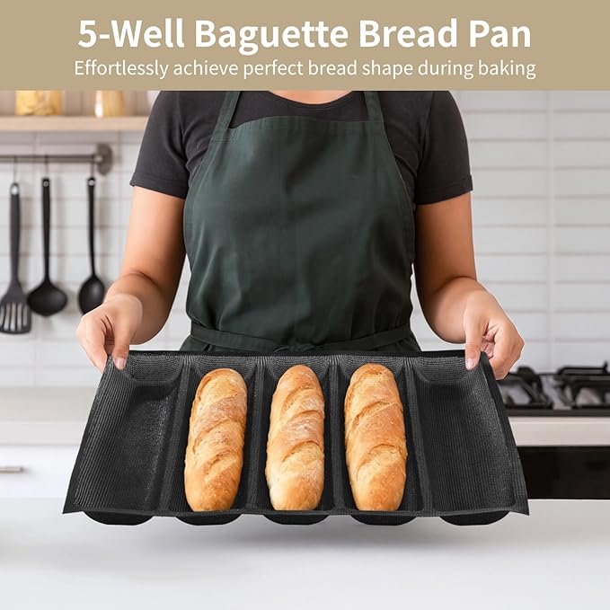 2 Pcs Baguette Bread Pan, 5-Well Fiberglass Silicone Bread Loaf Pan with Silicone Spatula, Brush, Anti-Scald Clip, Aerated Pan for French Bread, Hot Dog Buns