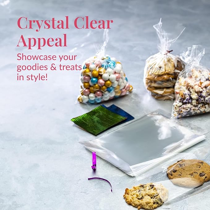 Prestee 200 Pack Clear Plastic Cellophane Bags - 6x8 with 4" Twist Ties, Candy & Cookie Bags, Treat & Gift Bags (Pack of 200)