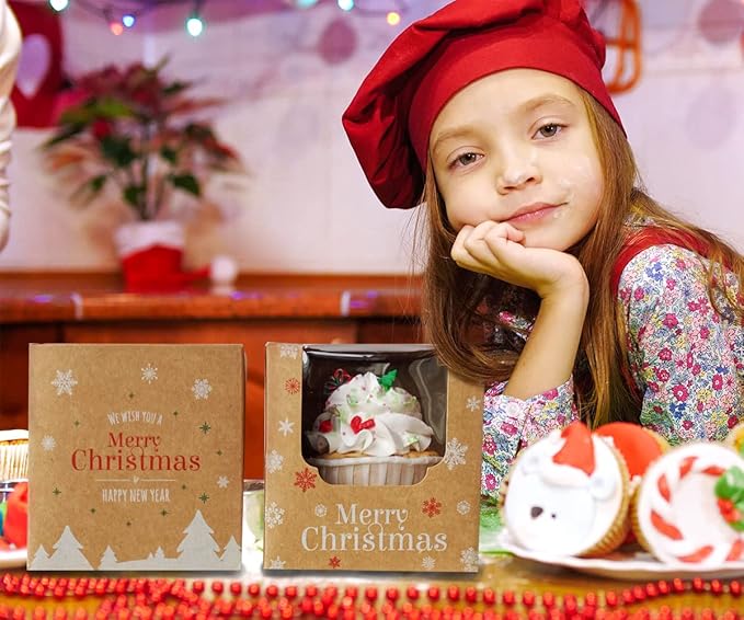 Kraft Brown Cupcake Boxes Christmas Individual with White Christmas Trees and Red Snowflakes 200 Pack for Holiday Gift