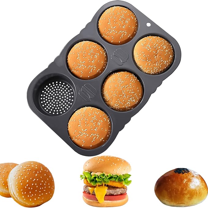 6-cavity Silicone Hamburger Bun Pan, Nonstick Loaf Pan & Heat Resistant Burger Bun Pans for Baking, Bread Pans for Homemade Bread, Bread pans for baking, Easy to Use Burger Pan