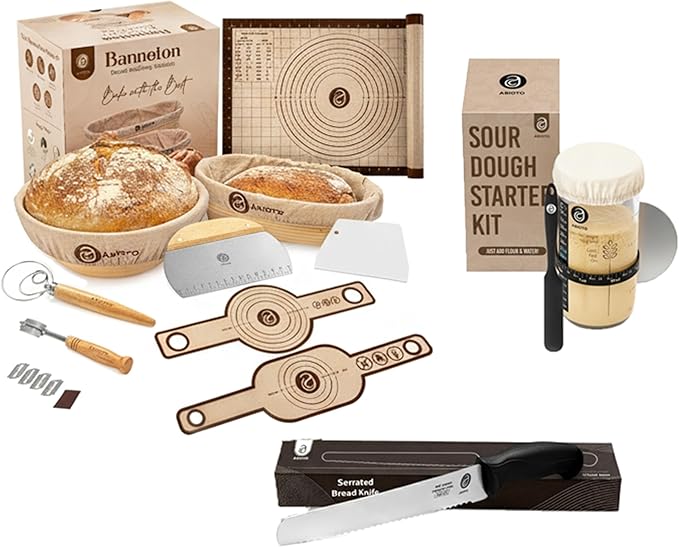 Sourdough Bread Making Kit with 9" Round & 10" Oval Bannetons, 24 oz Starter Jar & Serrated Bread Knife – Complete Artisan Sourdough Kit with Lame, Whisk, Scrapers, Slings, Mat, Spatula & Cloth Covers