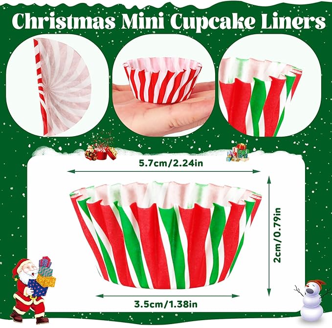 AUGSUN 800pcs Christmas Mini Cupcake Liners Cupcake Candy Pattern Baking Cups Mini Muffin Cupcake Wrappers for Xmas Holiday Birthday Party Cake Candy Chocolate Decorations Supplies