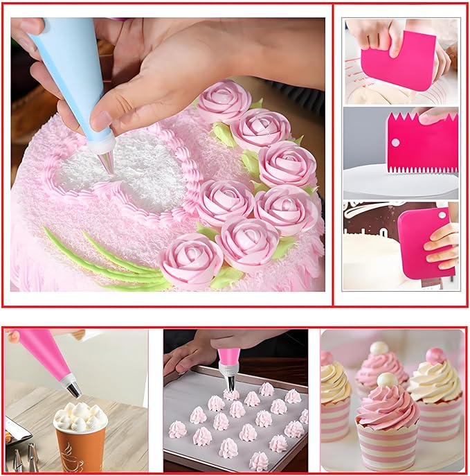 190 Pcs Cake Decorating Kit with Cake Turntable,Cake Leveler,24 Numbered Icing Piping Tips,2 Spatulas,3 Comb Scrapers,2 Couplers,5 Bag Ties,50 Pastry Bags,50 Cupcake Liners,50 Cake Flags