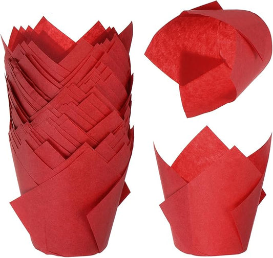uxcell 50 Pcs Tulip Baking Cups Cupcake Muffins Liners Paper Greaseproof Wrappers for Wedding Birthday Party Festivals Christmas, Red
