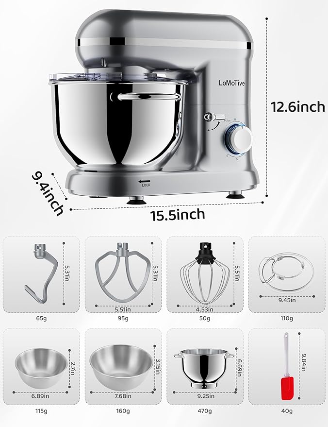 Stand Mixer 6QT Dough Mixer - 660W Kitchen Mixer 6-Speed Electric Mixer with Egg Whisk Dough Hook Flat Beater SILVER