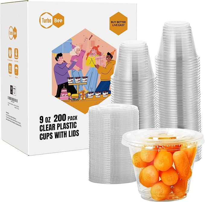Turbo Bee 200 Pack 9 OZ Clear Plastic Cups with Flat Lids, Disposable Dessert Cups with Lids for Fruit, Snack Smoothie, Pudding and Ice Cream (No Hole)