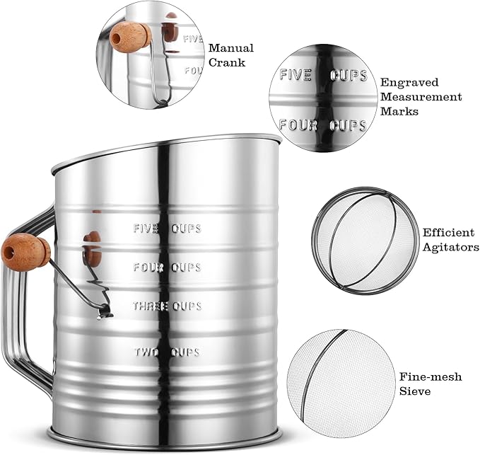 Flour Sifter for Baking, 304 Stainless Steel 5 Cup Flour Sieve Fine Mesh Screen Powder Sifters with Loop Agitator for Quick Sifting, Hand Crank Sifter for Cooking Baking Kitchen Sugar Utensil DIY