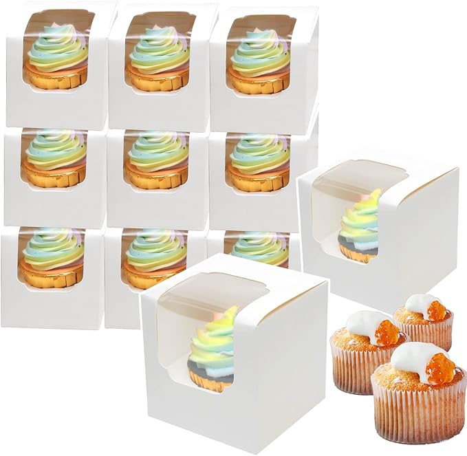 Bakepacker Auto-pop up Cupcake Boxes 100-Packs Individual Cupcake Container White 3.5" x 3.5" x 3.5" Single Cupcake Boxes