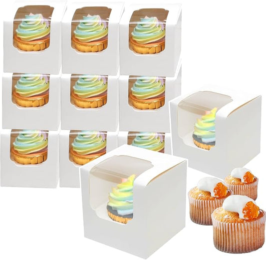 Bakepacker Auto-pop up Cupcake Boxes 100-Packs Individual Cupcake Container White 3.5" x 3.5" x 3.5" Single Cupcake Boxes