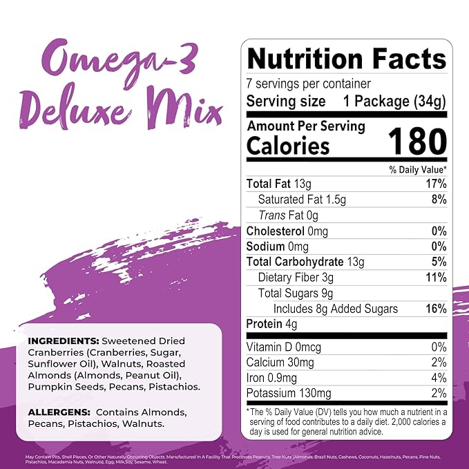 Nature's Garden Omega 3 Deluxe Mix - Trail Mix, Heart Healthy, Gluten Free, Cholesterol Free, Sodium Free, No Artificial Ingredients - 1.2 oz Bags (7 Individual Servings)
