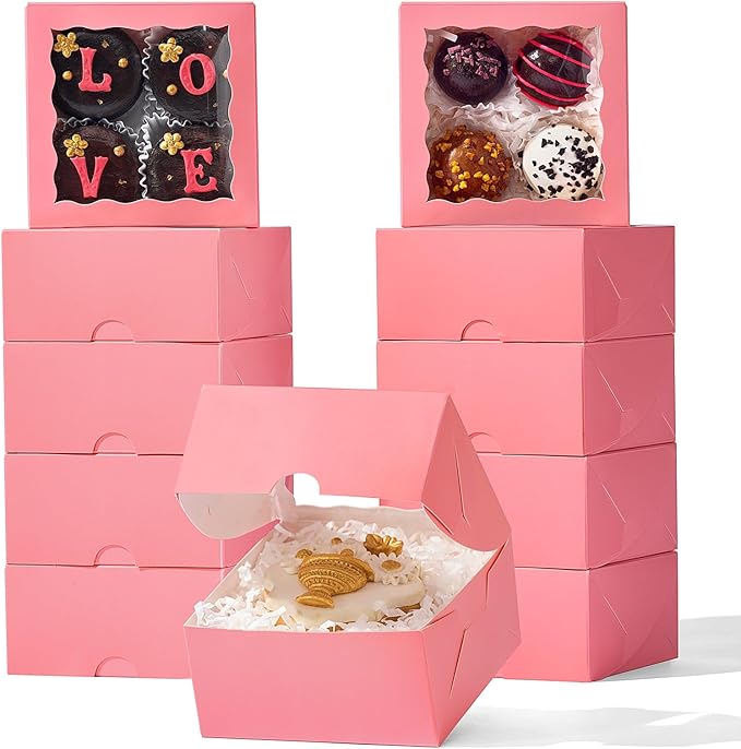 80 Pack 4x4x2 Pink Bakery Treat Boxes with Clear Window and Manual Closure